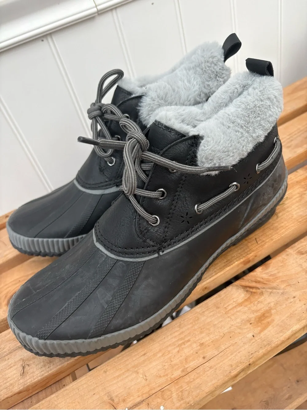 JSport by Jambu Black Winter Duck Boots with Gray Faux-Fur Collar